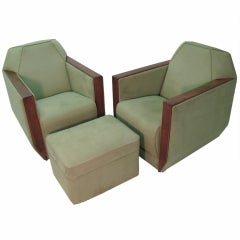 Pair Of French Deco Cubist Club Chairs With Ottoman Style Of Betty Joel