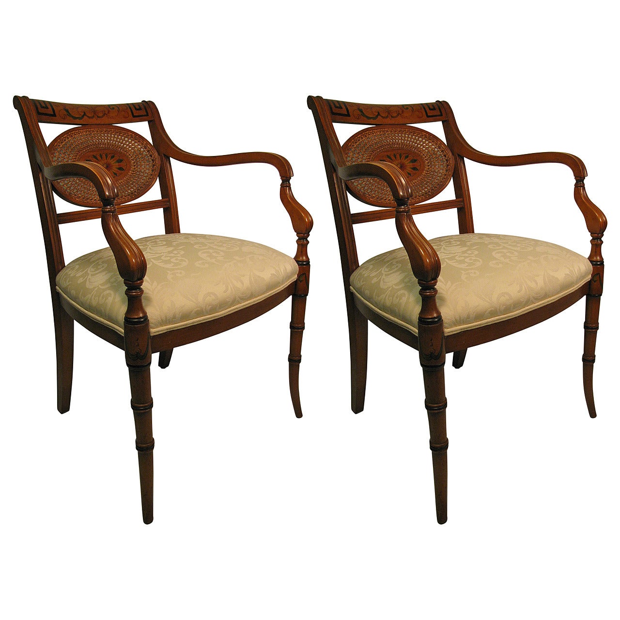 Pair of Adams Style Caned Back with Damask Upholstered Seat Armchairs