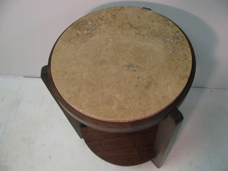 Pair of  Art Deco Mid-Century Modern Travertine & Walnut Gueridon End Tables For Sale 1