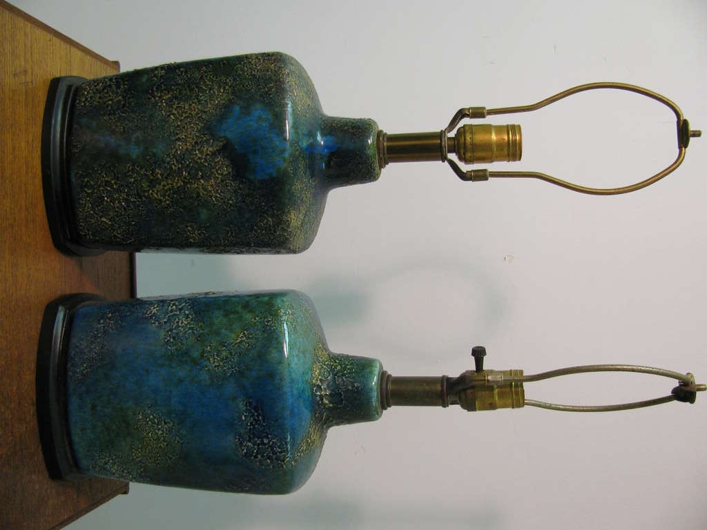 Pair Of Danish Mid Century Volcanic Blue Glaze Pottery Table Lamps 1