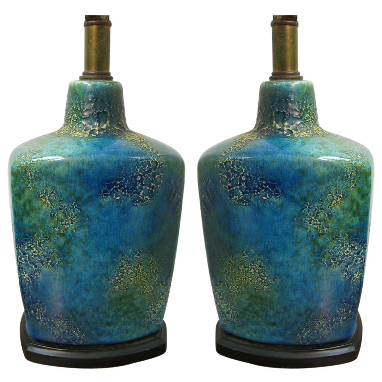 Pair Of Danish Mid Century Volcanic Blue Glaze Pottery Table Lamps