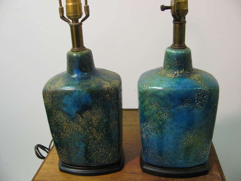 Pair Of Danish Mid Century Volcanic Blue Glaze Pottery Table Lamps 4