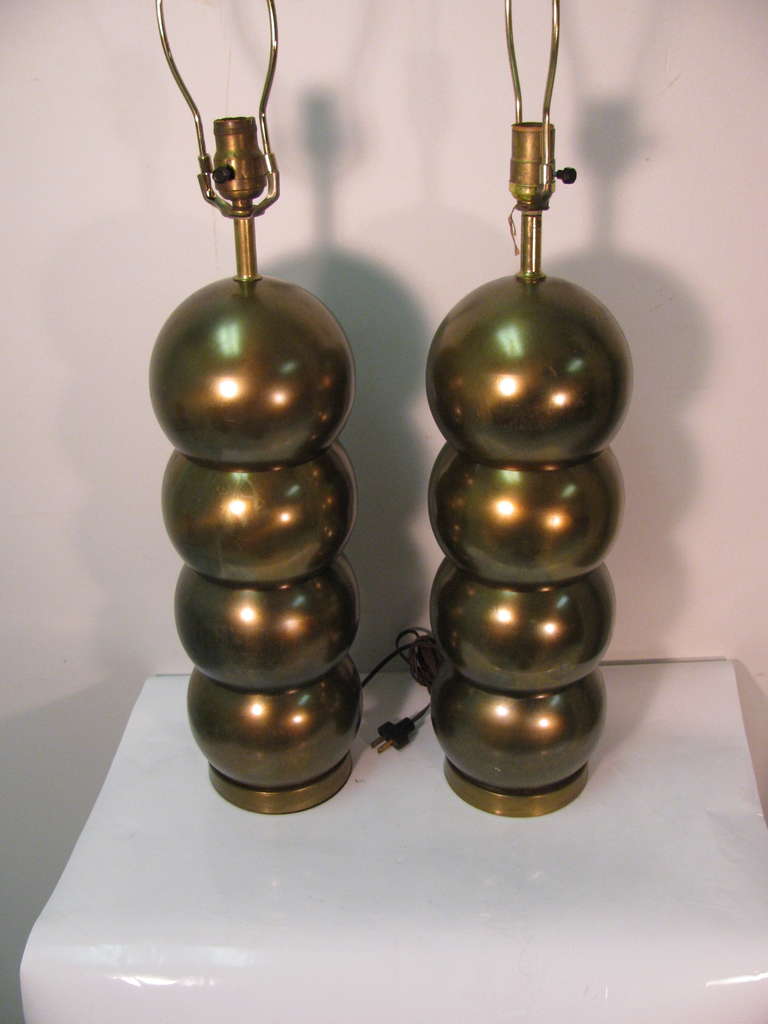 Mid-Century Modern Pair of Mid Century Modern Brass Stacked Ball Table Lamps by George Kovacs