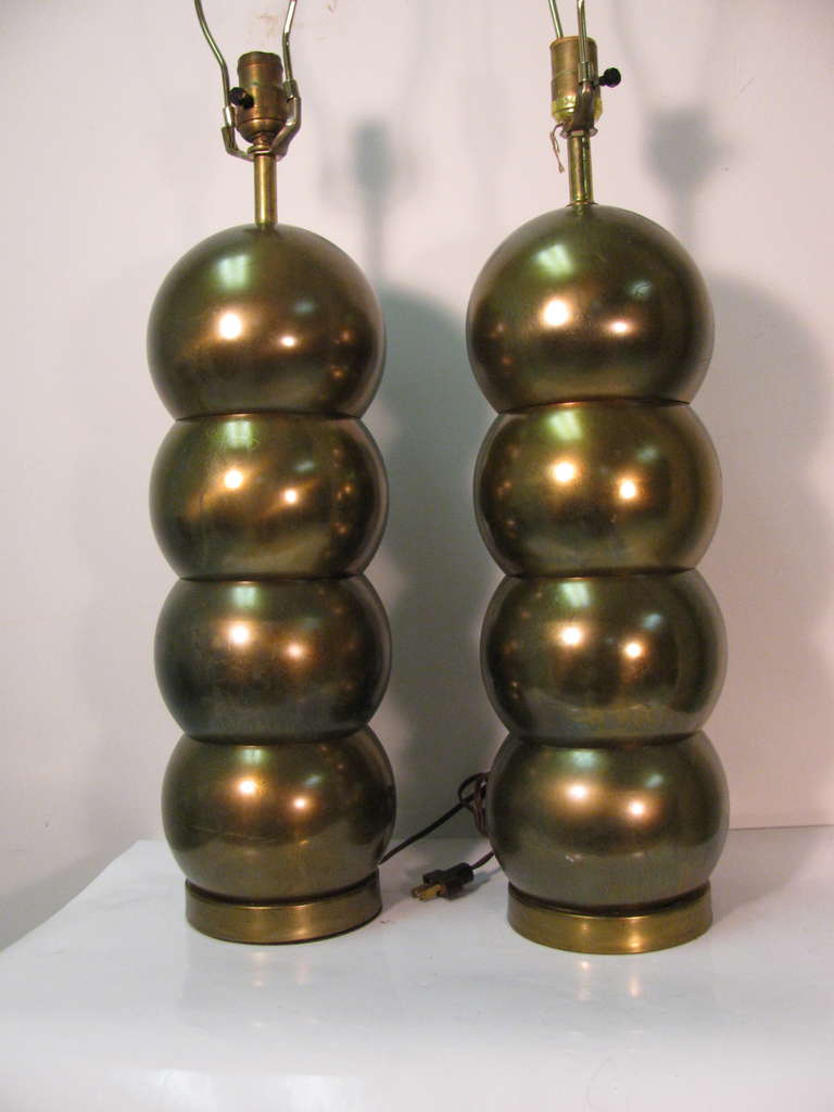 American Pair of Mid Century Modern Brass Stacked Ball Table Lamps by George Kovacs