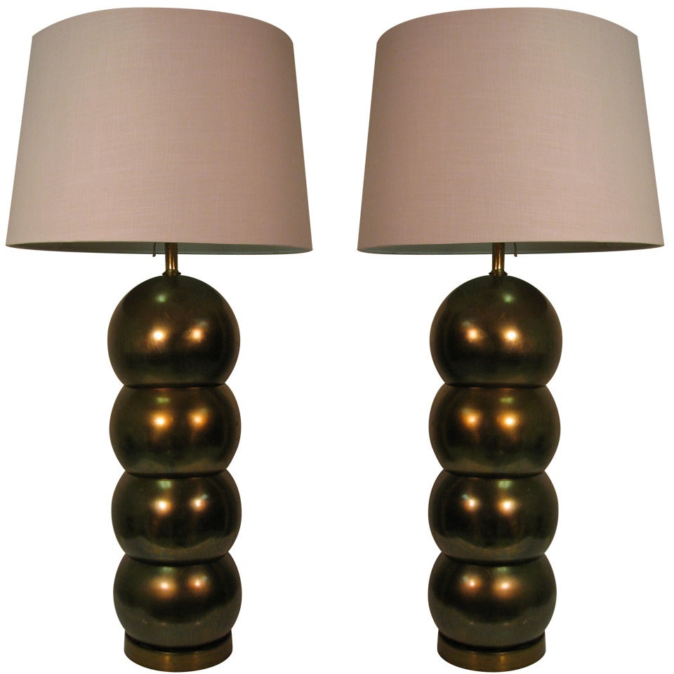 Pair of Mid Century Modern Brass Stacked Ball Table Lamps by George Kovacs