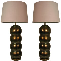 Pair of Mid Century Modern Brass Stacked Ball Table Lamps by George Kovacs