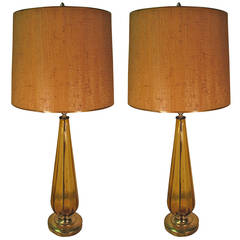 Pair of Tall Ribbed Italian Amber Glass Table Lamps