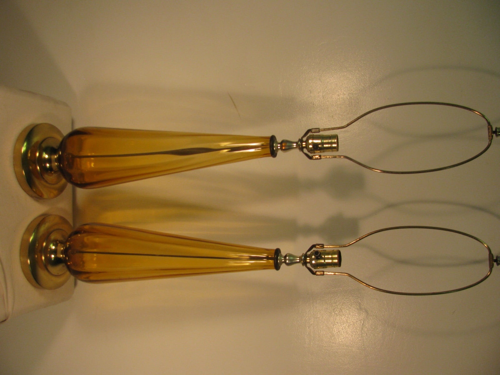 Pair of Tall Ribbed Italian Amber Glass Table Lamps 1