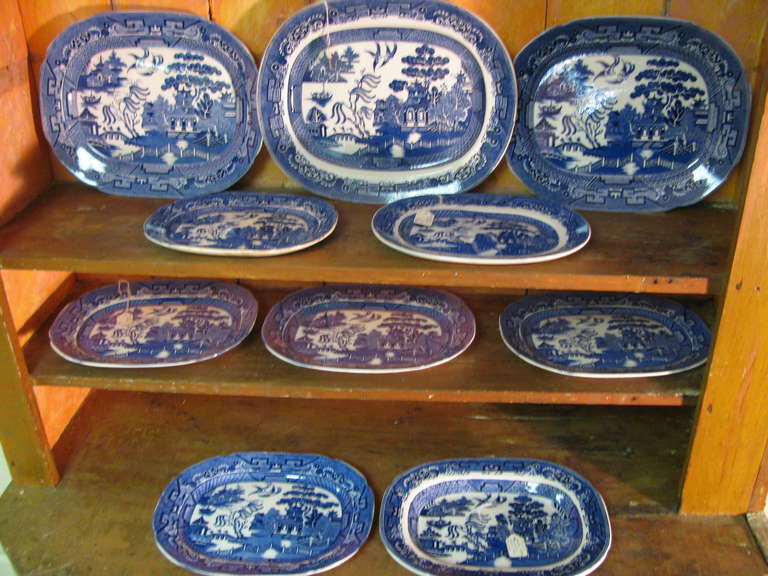 Collection Of Ten Blue Willow Platters, Entirely English, And Almost All Allertons Pottery From 100Yrs. Ago. Collection Is In Amazing Condition, Very Clean, No Crazing, Very Few Chips, None On Serving Pieces. Platters Which We Have Separated Into