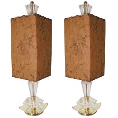 Mid Century Cut Glass Crystal Table Lamps With Original Shades