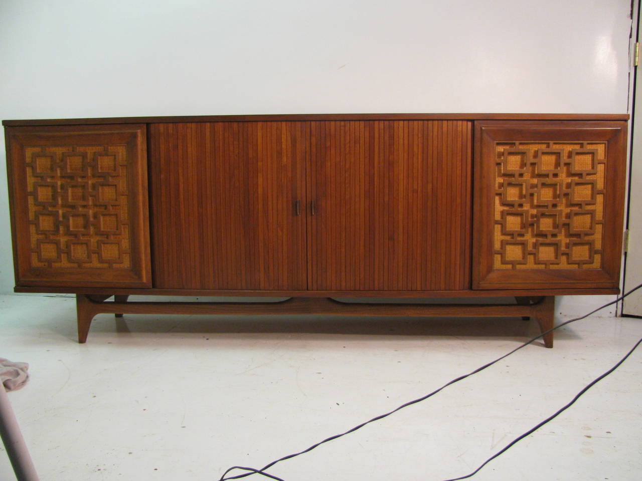 American Large Mid-Century Modern Walnut Credenza with Tambour Doors