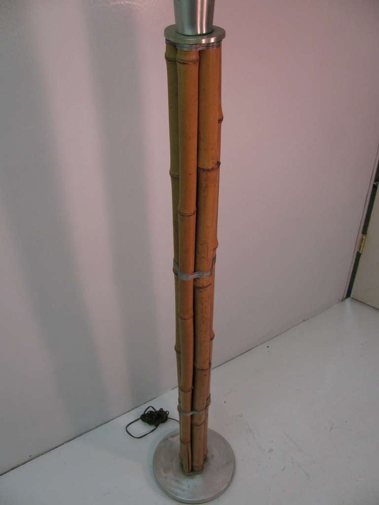 American Mid Century Bamboo and Aluminum Floor Lamp Torchiere by Russel Wright