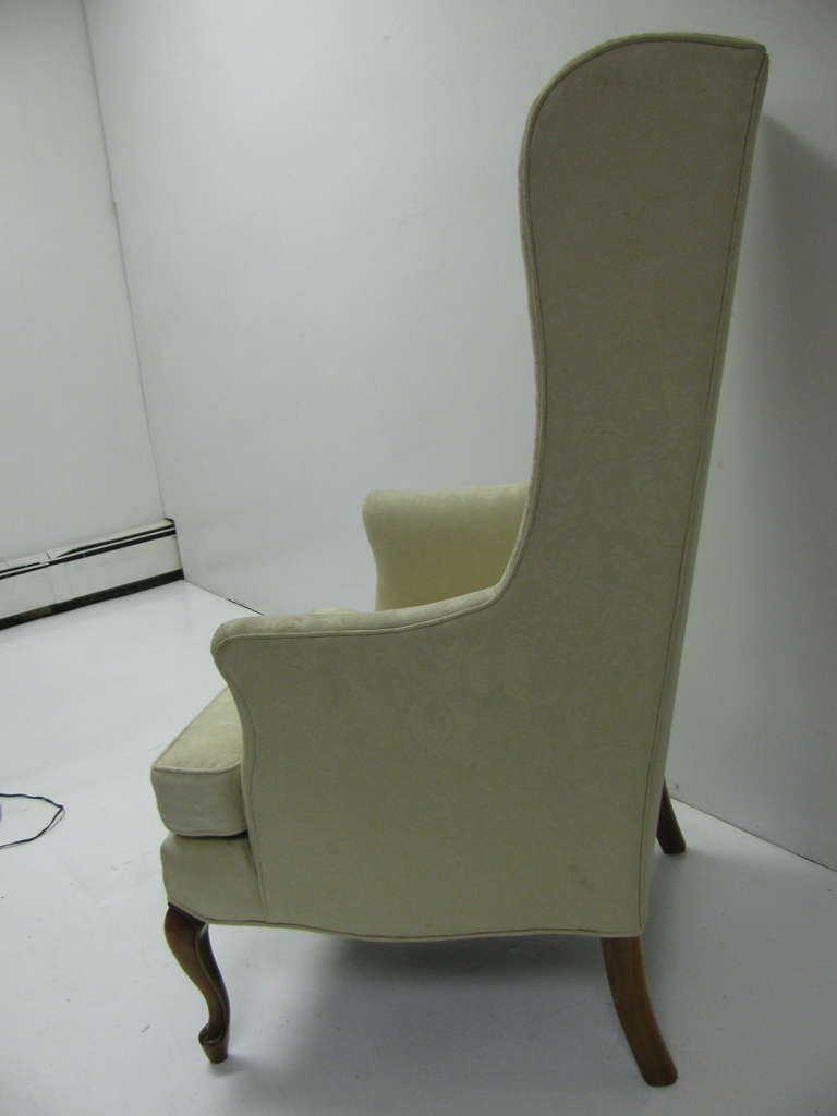 American Pair of Petite Mid Century Wing Back Armchair in White Damask For Sale
