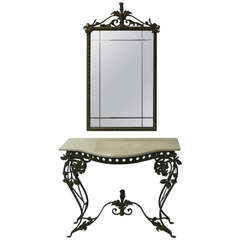 French Iron and Marble Console Table with Mirror