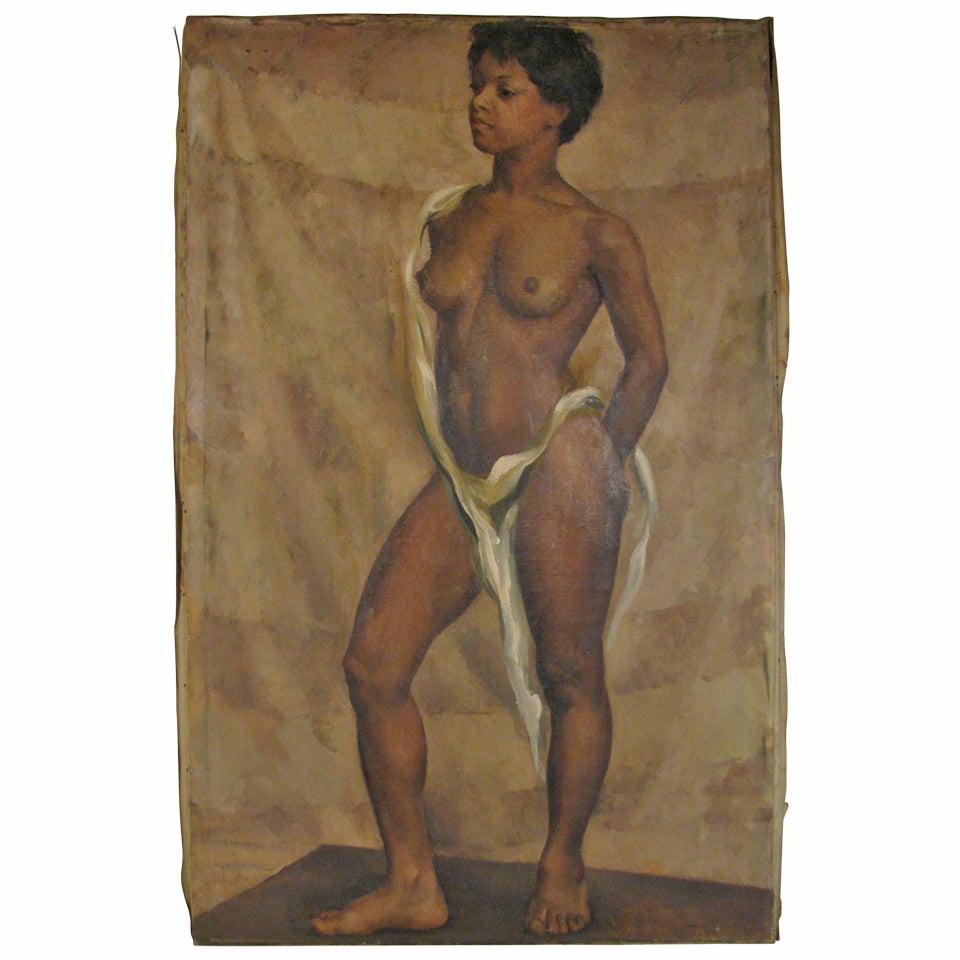 Mid Century Nude Portrait Standing, Oil on Canvas by American Artist Jane White For Sale