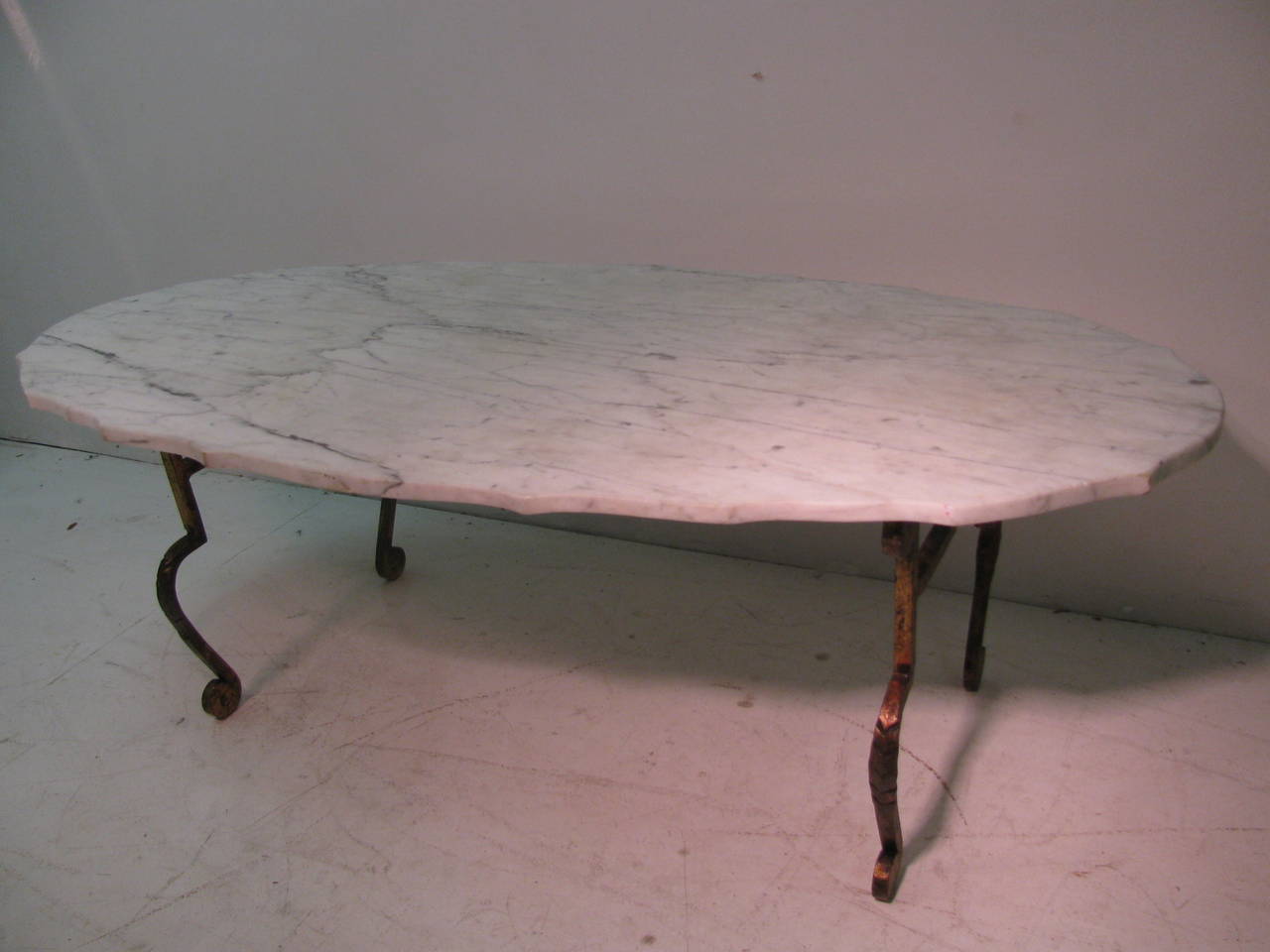 Mid-20th Century French Gilt Iron with Scalloped Carrara Marble Cocktail Table