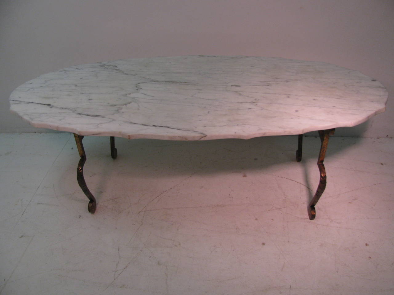 French Gilt Iron with Scalloped Carrara Marble Cocktail Table 3