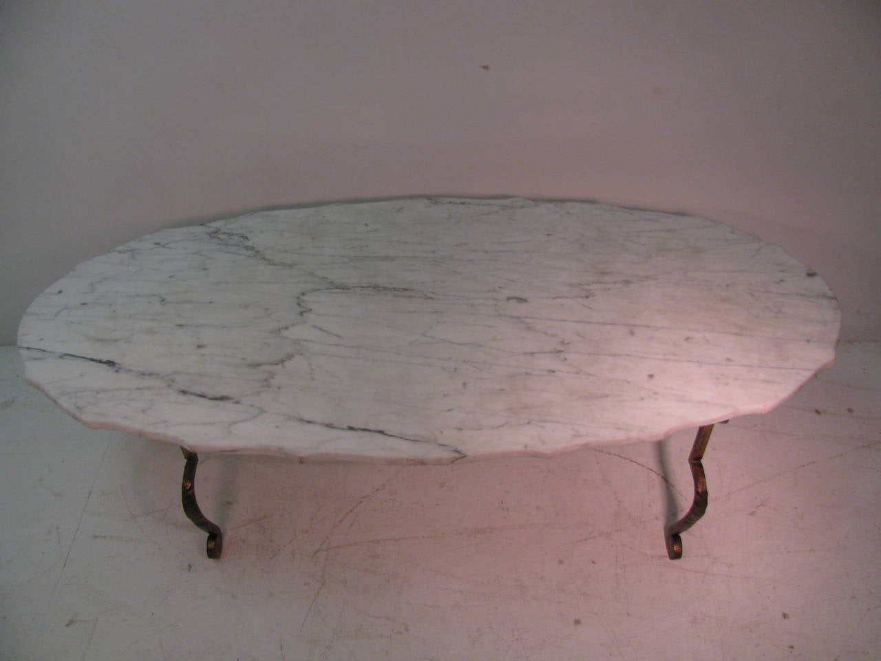 French Gilt Iron with Scalloped Carrara Marble Cocktail Table 4