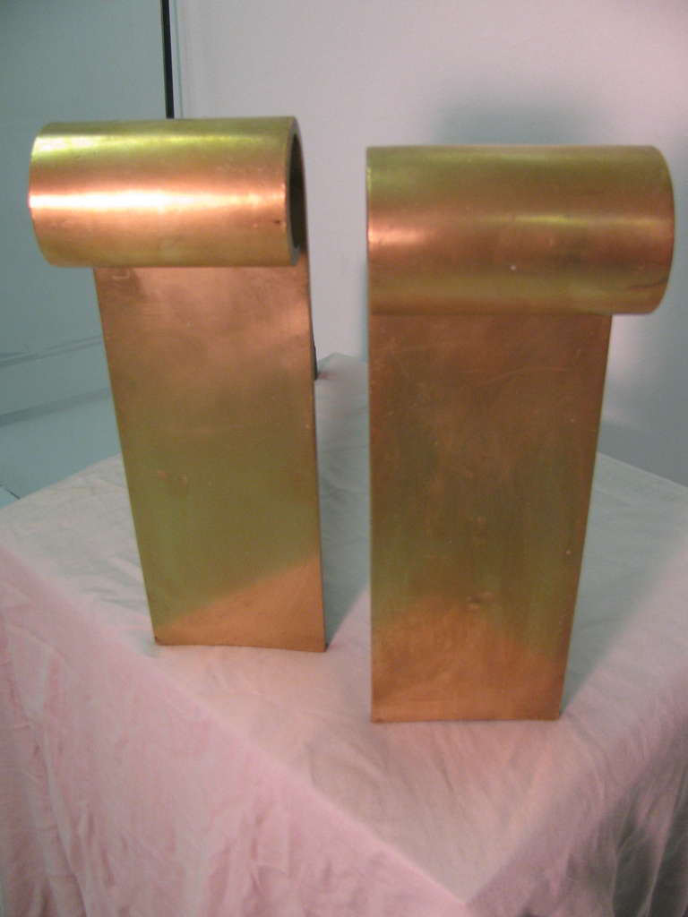 Very Simple And Elegant Solid Brass Andirons.  Curled Over At The Top Being The Focal Point. All Inquiries Please Call Or Just Press CONTACT DEALER Button.