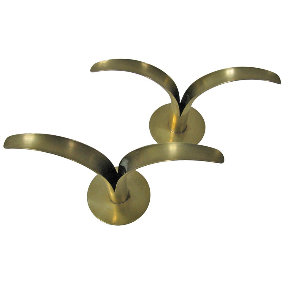 Pair of Mid Century Modern Polished Ystad Brass Candleholders