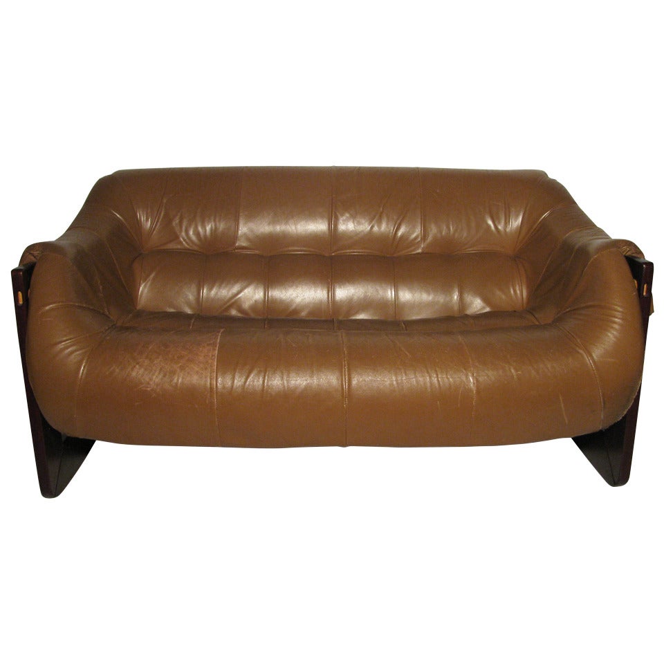 Mid-Century Modern Leather With Rosewood Two-Seat Sofa by Percival Lafer