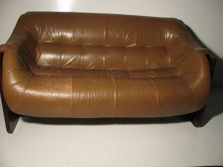 Mid-Century Modern Leather With Rosewood Two-Seat Sofa by Percival Lafer 1