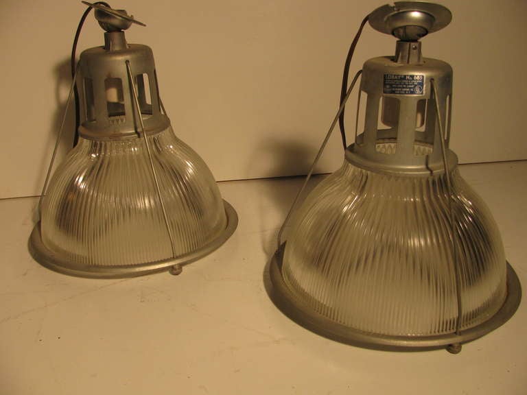 American Pair of Original Holophane Industrial Pendant Lamps, circa 1940