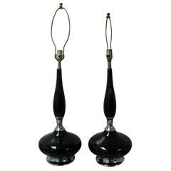 Pair of Mid-Century Modern Black Porcelain Table Lamps Gerald Thurston