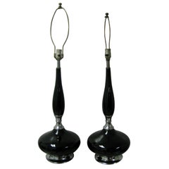 Pair of Mid-Century Modern Black Porcelain Table Lamps Gerald Thurston
