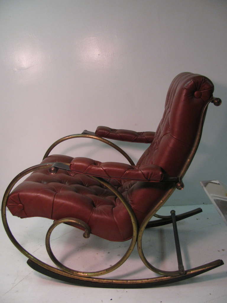 Mid Century Leather And Brass Rocker By Lee Woodard In Good Condition In Port Jervis, NY