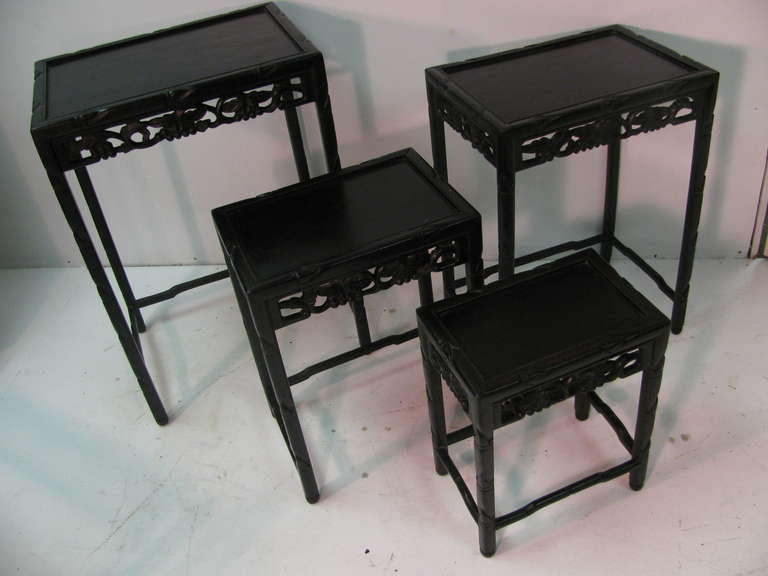 Chinese Chippendale Ebonized Mid-Century Rosewood Chinese Set of Four Nesting Tables