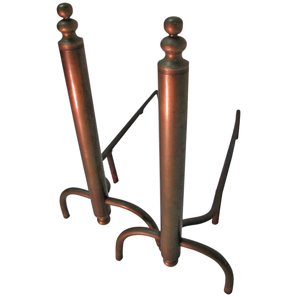 Mid Century Modernist Machined Brass Fireplace Andirons For Sale at 1stDibs