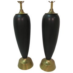 Pair Of Tall Mid Century Modern Matte Black Ceramic Table Lamps