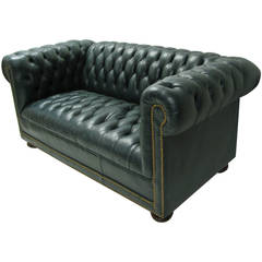 Classic Green Leather Two-Seat Chesterfield Sofa
