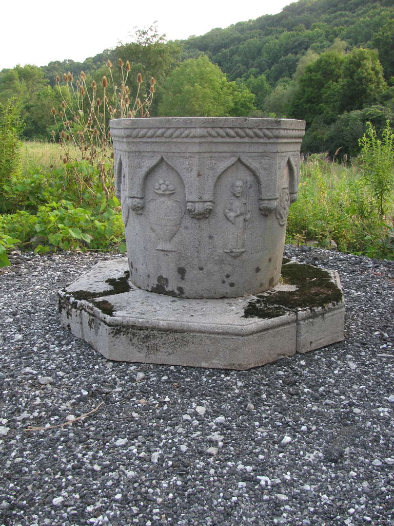 Beautiful Craftsmanship Displayed In This Hand Made Cast Stone Wellhead. Architectural Details Galore On All Sides. Franciscan Monk, an Urn, Gargoyle. Turkish Style Arch With Rope Detail Banding. Walls are 4.5in. Thick.