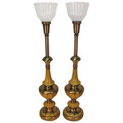 Pair Of Tall Mid Century Hand Painted Brass Table Lamps 9