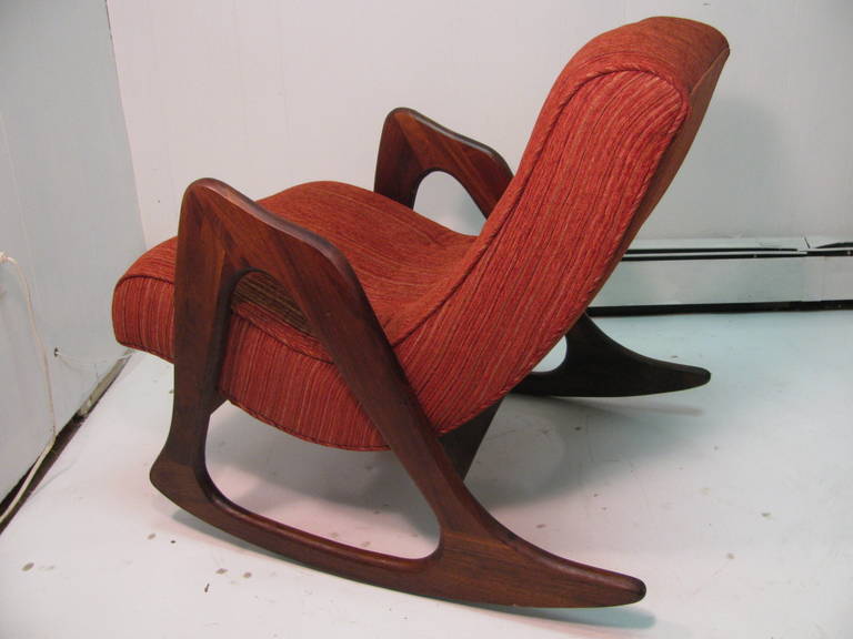 Beautiful, sculptural walnut Rocker by Adrian Pearsall. Unique and rare design. Chair has been rebuilt and recovered in a soft period 1960s twill fabric.