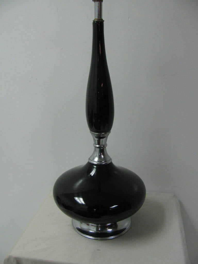 Glazed Pair of Mid-Century Modern Black Porcelain Table Lamps Gerald Thurston