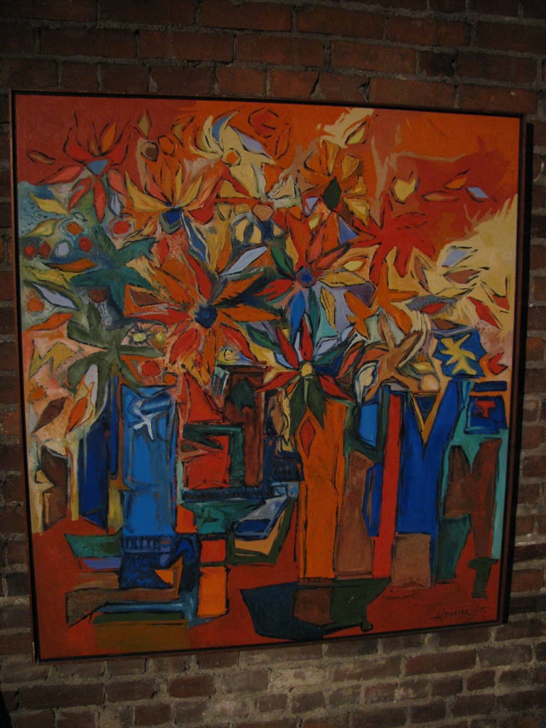 Beautifully colored abstract from 1965. Bright oranges dominate along with cool vivid blues. Original frame. All inquiries please call or just press “Contact Dealer” button.