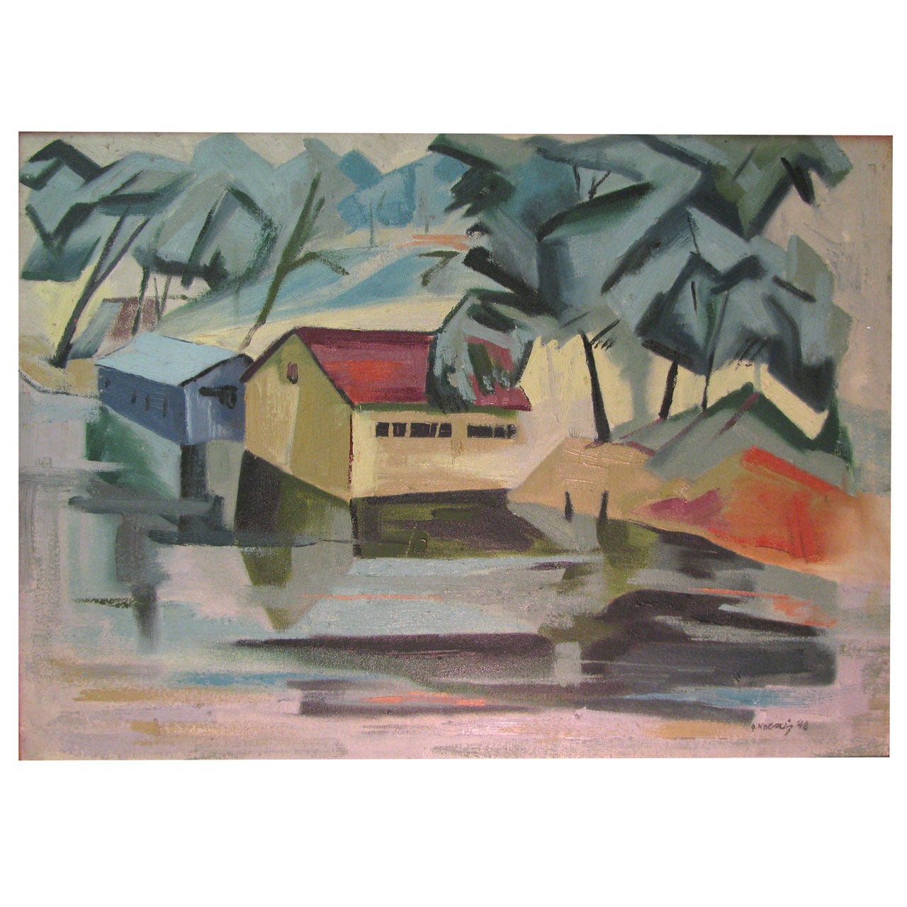 Mid Century Modern Cubist Artist James Koenig 1948 Titled, Cool Canopy  For Sale