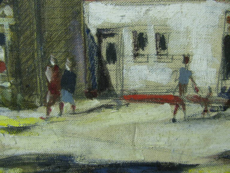 Oil on board street scene set in cape cod. Homes and a Chevron gas station are prominent with leafy trees and people going about their day. Period 1960 wood frame. In excellent vintage condition with minimal wear. 