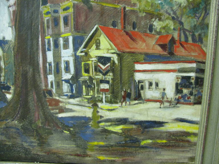 Modern Mid Century New England Cape Cod Street Scene with Gas Station, circa 1960 For Sale