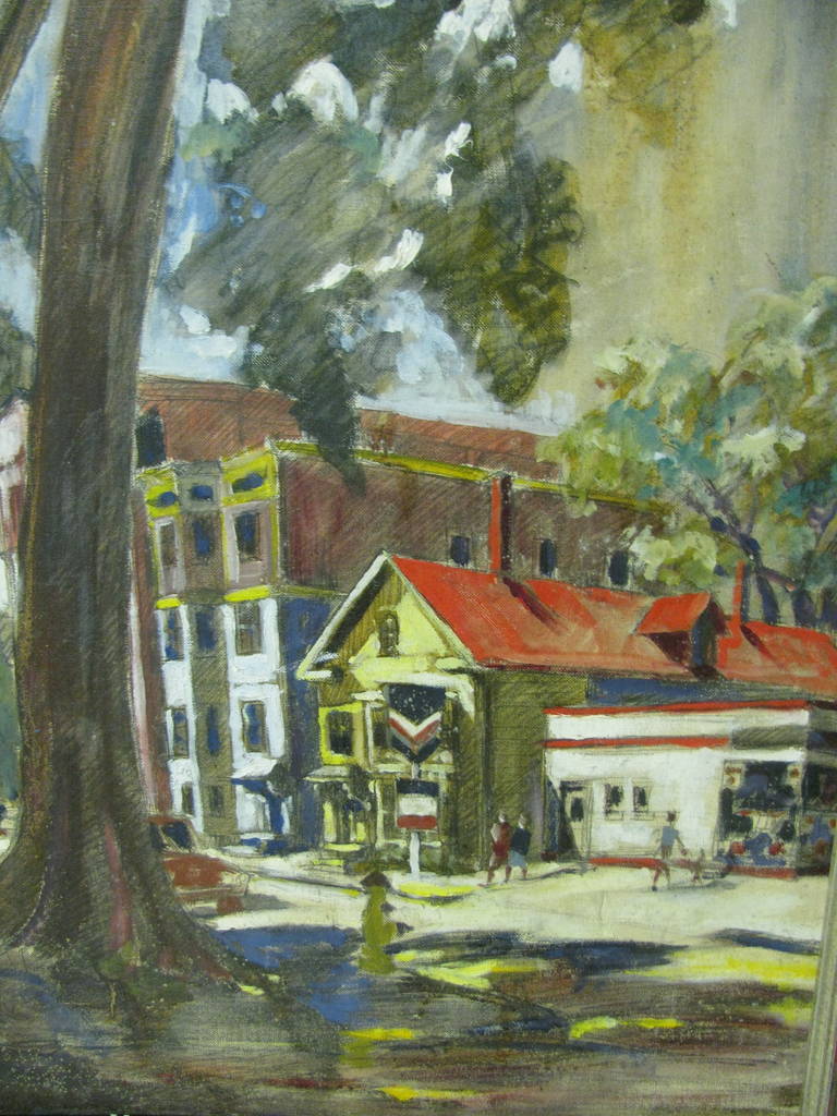 American Mid Century New England Cape Cod Street Scene with Gas Station, circa 1960 For Sale