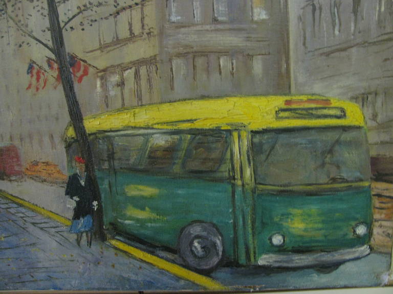 Early 1960 Manhattan street scene. Great fashions depicting the times. Unframed, signed Boudreau. City bus with a fashionable crowd strolling. It's not Joe Boudreau as far as I know. Just Boudreau 