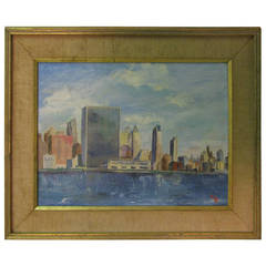 Oil on Canvas of U.N. Building NYC East River, "Looking West"