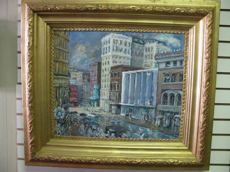 Oil on board painting of Downtown Norfolk Virginia. After a flood is the scene, as a rowboat is maneuvering throughout the streets. Well done and in excellent condition.