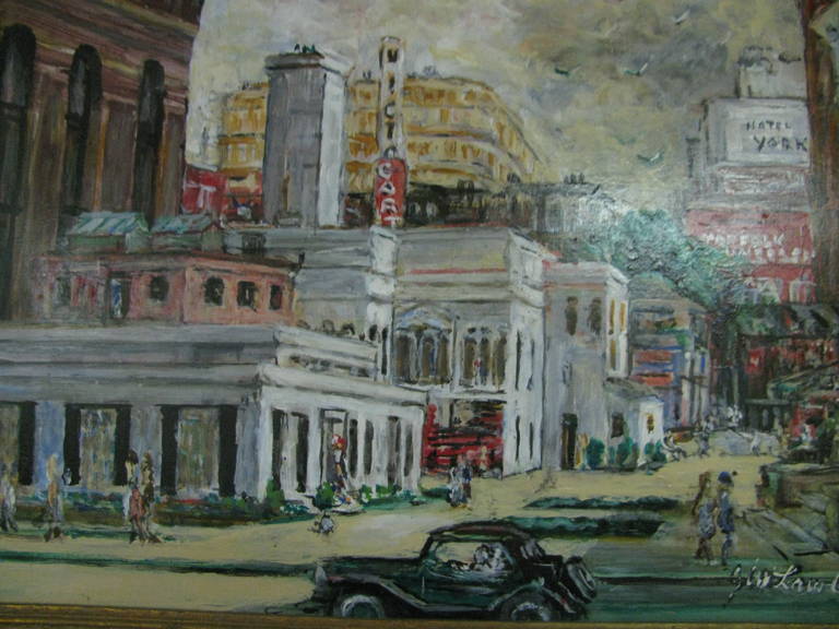 Beautiful oil on board painting of downtown Norfolk Virginia from the 1950s.