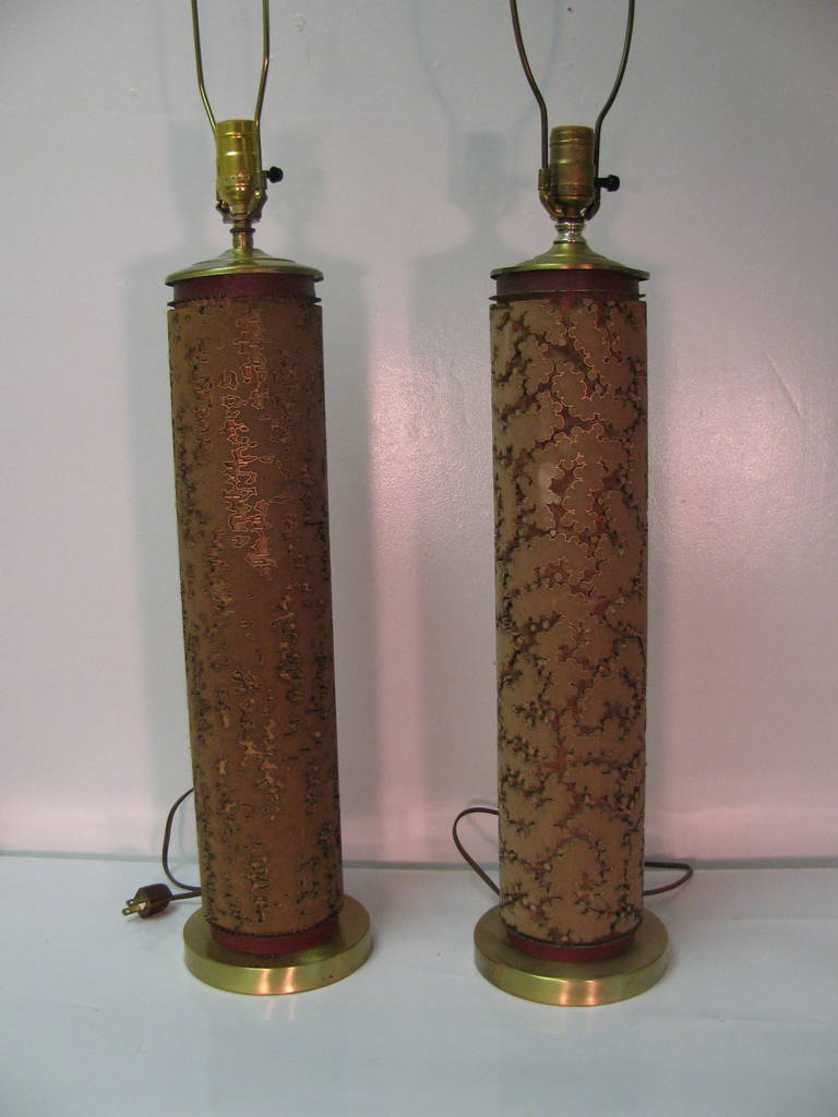 Hand-Crafted Pair of Tall Mid Century Modern Antique Wall Paper Roll Table Lamps For Sale