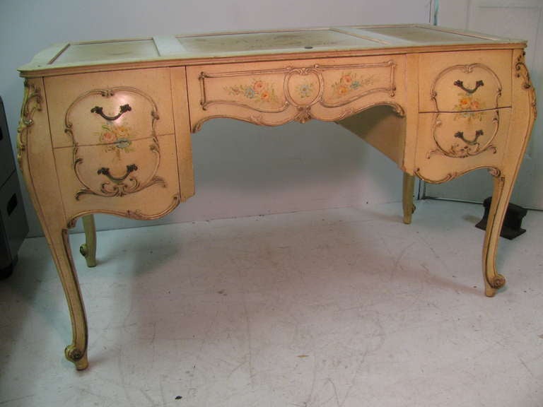 Mid Century Louis XV Bombe Hand-Carved Paint Decorated Marble-Top Desk & Chair For Sale 1