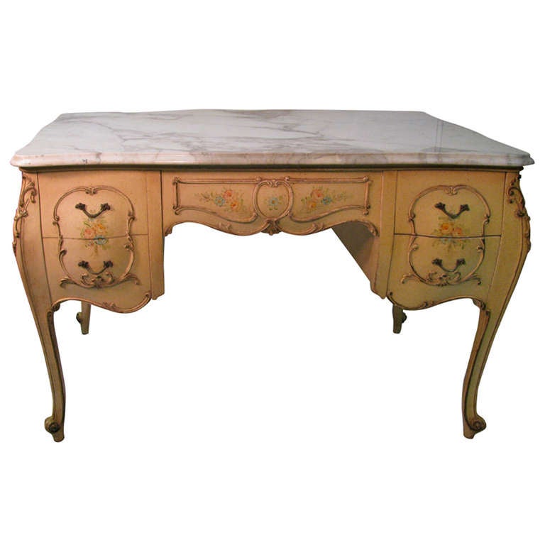 Louis Xv E Form Hand Carved Paint Decorated Marble Top Desk Louis Xv E Form Hand Carved Paint Decorated Marble Top Desk With Chair For